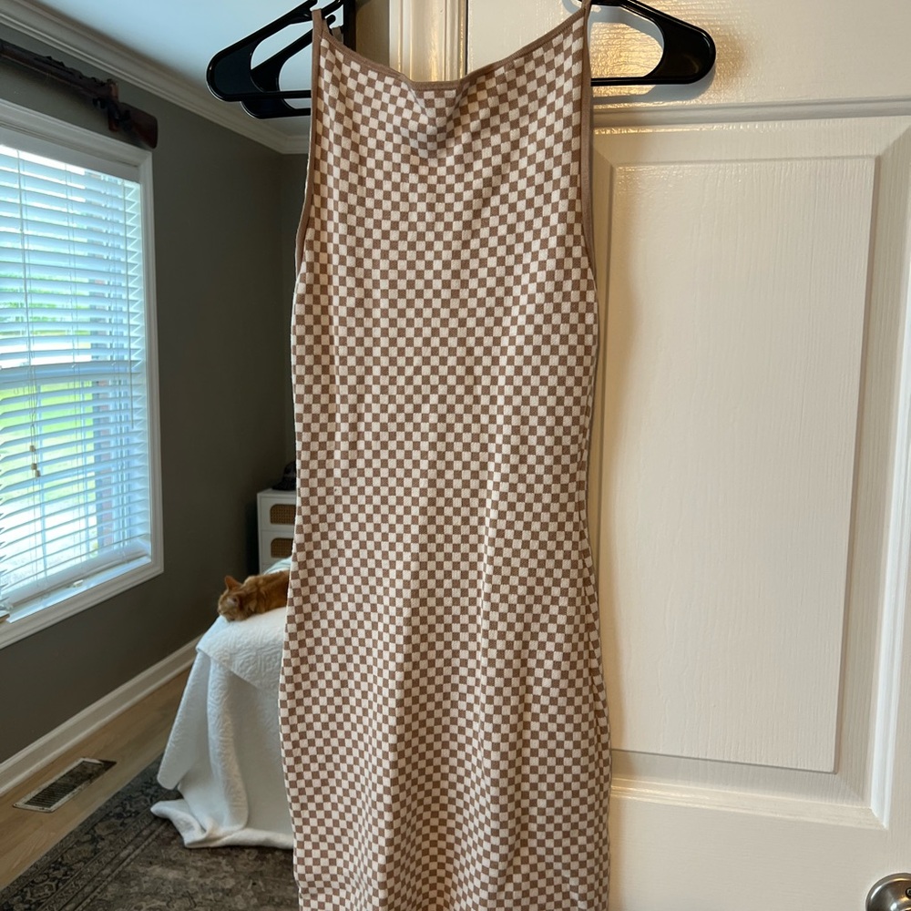 Checkerboard Knit Slip Dress in Brown and Cream Checkered Adjustable Straps XS